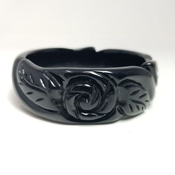 Vintage Black Rose Floral Plastic Bangle Bracelet, Chunky Wide Stacking Estate - Picture 1 of 5